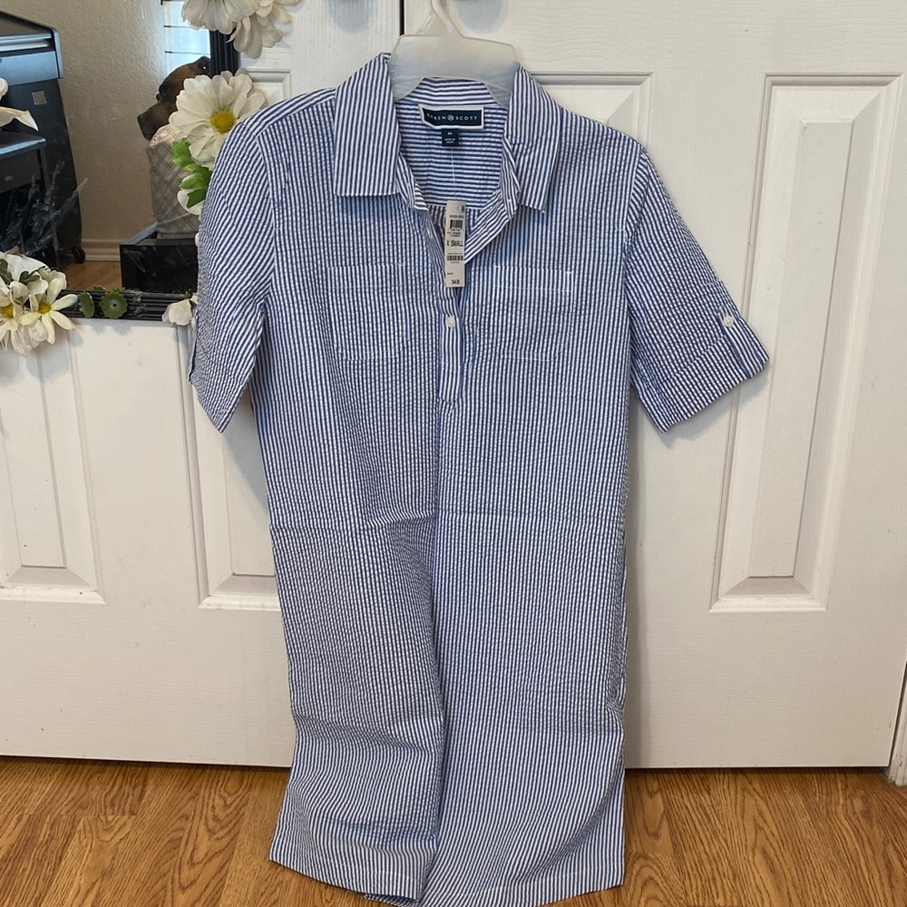 Karen Scott Blue and White Striped Shirt Dress